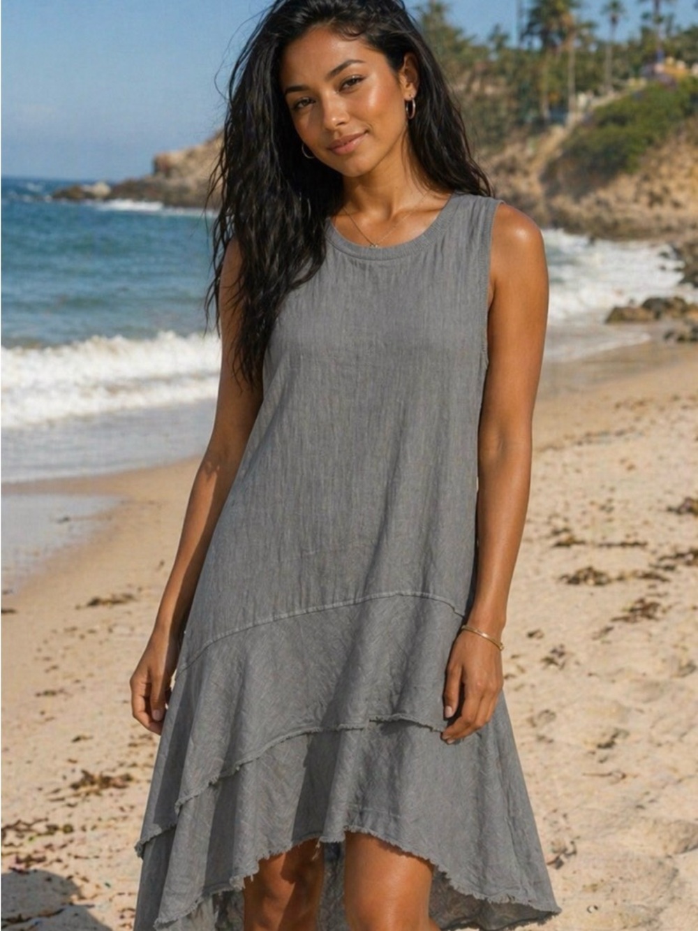 Dylan 100% Linen dress, gray, crew neck, women’s size Large. Excellent condition